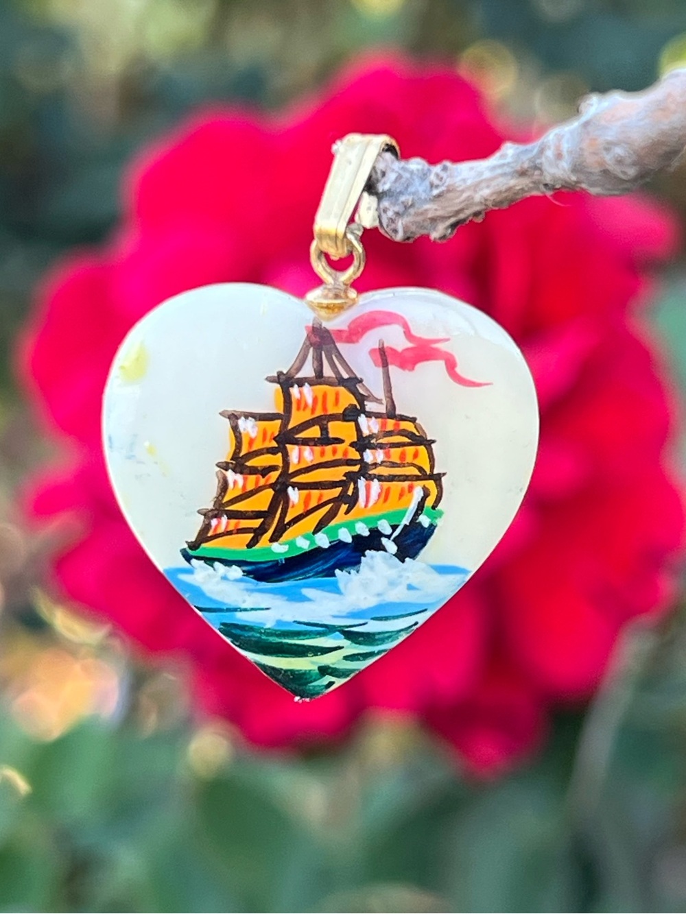 Vintage Shell Heart Pendant Hand Painted Sailboat Ocean Scene